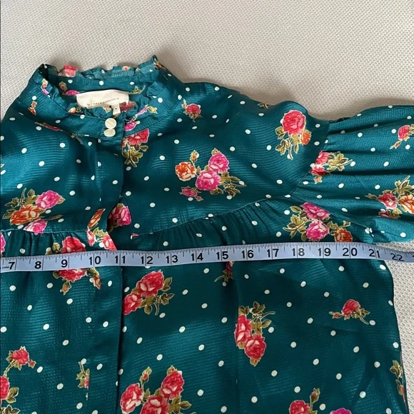 Anthropologie Teal Floral Blouse Pink Floral Print & Polka Dots Size Medium - Picture 6 of 10